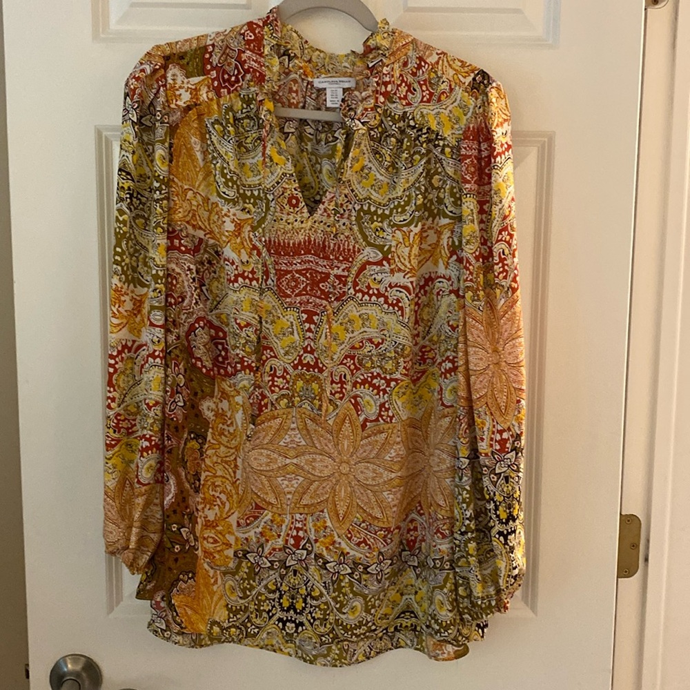 Carolina Belle paisley multi-colored frilled neckline a tie front blouse